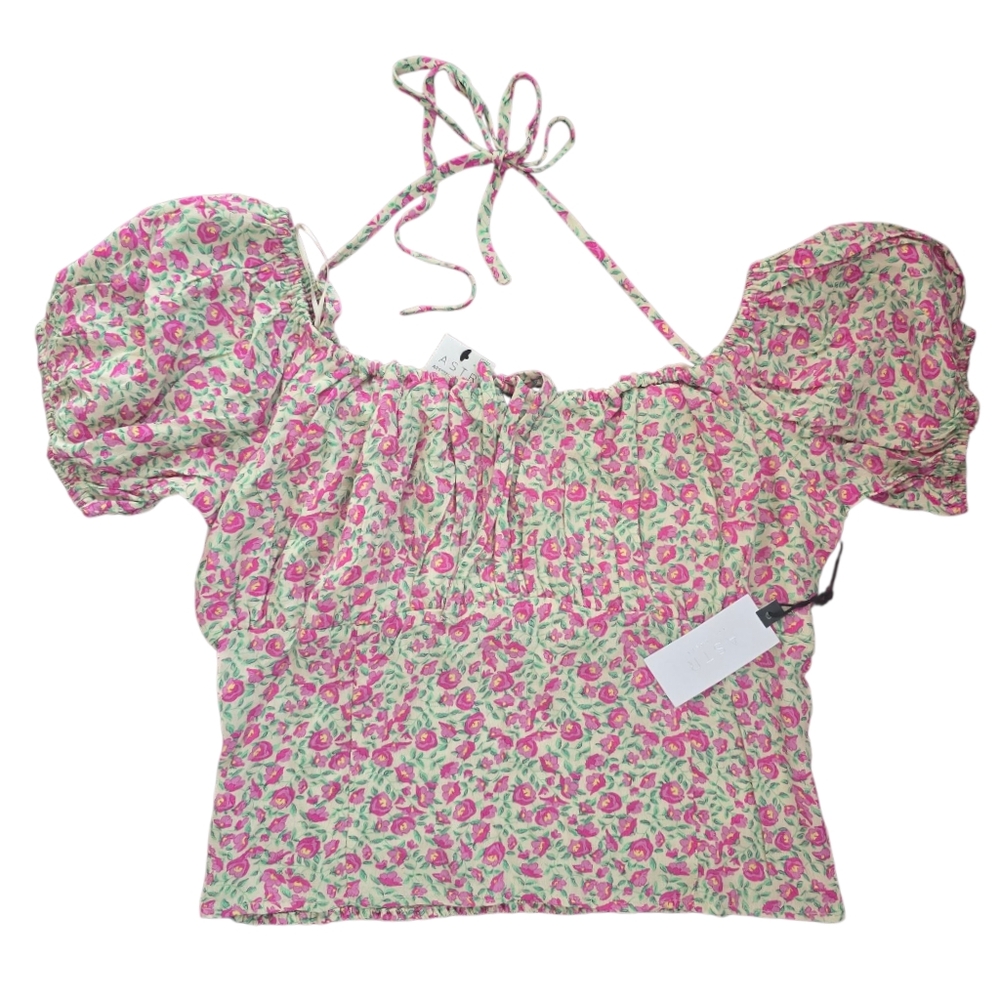 Astr Pink and Gray Smocked Tie Front Blouse